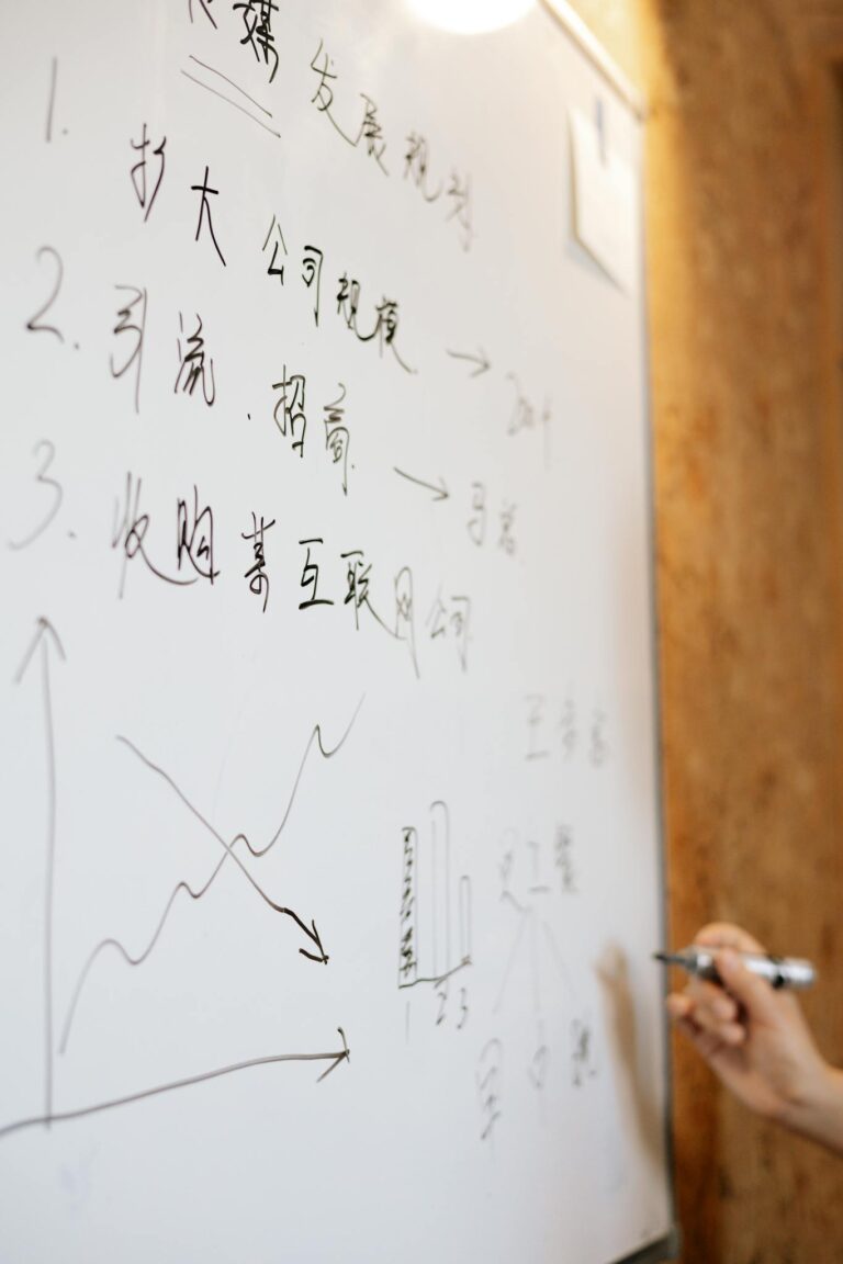 Hand writing business strategy on a whiteboard with graphs and diagrams.